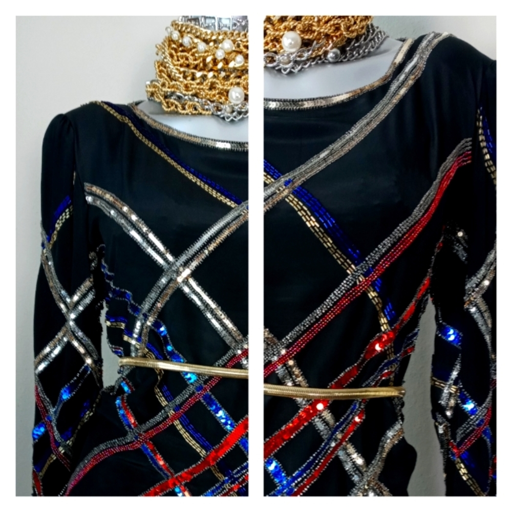 "ARGENTI" VinTage 100% Silk Sequins & Beads Cocktail Top - Picture 10 of 16